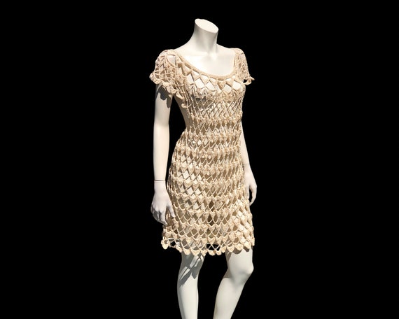 Vintage Boho CROCHET Scalloped Edge Short Sleeve Cream Dress 