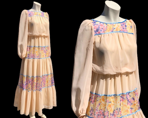 70s Peach Chiffon Peasant Maxi Dress / Yoke Bodic… - image 1