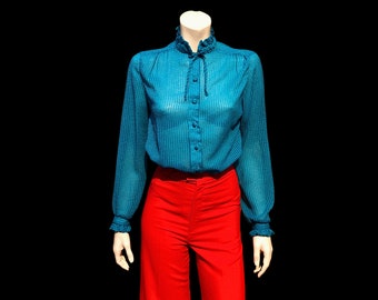 80s TEAL Blue SHEER Ruffles HiGH Tie Neck Blouse / Peacock Blue Shimmer Top / Vintage 1980s / Small