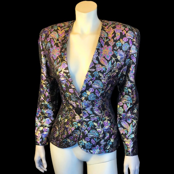 80s METALLIC Strong Shoulder Evening Party Formal Jacket / Black Gold Purple Turquoise Jacket / Vintage 1980s / Medium