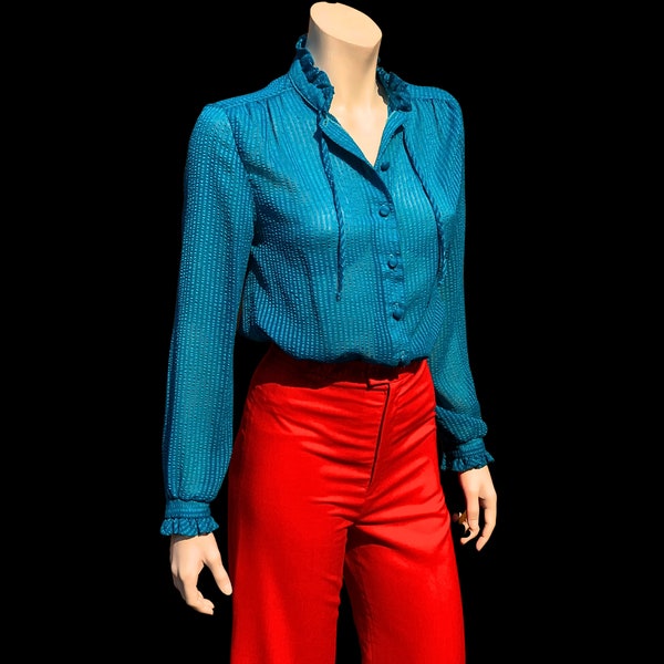 80s TEAL Blue SHEER Ruffles HiGH Tie Neck Blouse / Peacock Blue Shimmer Top / Vintage 1980s / Small