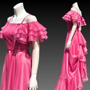 Dusty RASPBERRY Iridescent Pink BARBIECORE off the Shoulder Ruffled Maxi Dress with Pick Up / Dramatic Full Length Berry Formal Gown / XS