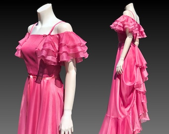 Dusty RASPBERRY Iridescent Pink BARBIECORE off the Shoulder Ruffled Maxi Dress with Pick Up / Dramatic Full Length Berry Formal Gown / XS