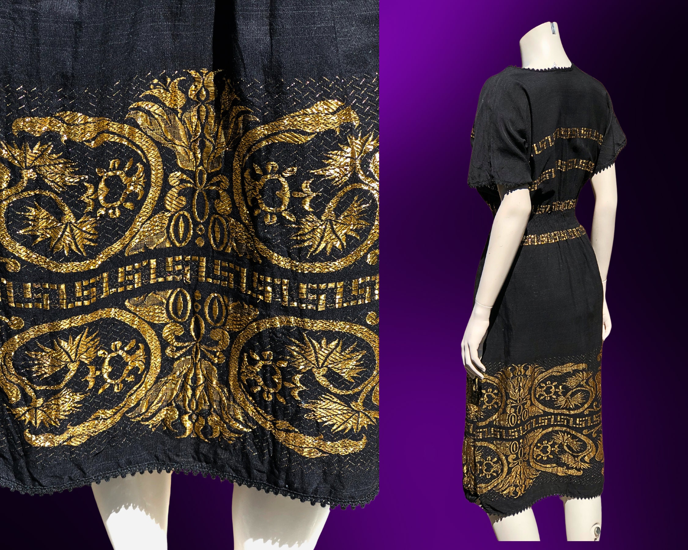 Vintage Greek Goddess Black and Metallic Gold Cotton Short Sleeve Dress / SM