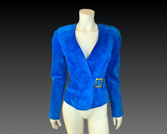90s PEACOCK Blue SUEDE Leather Cropped Jacket wit… - image 1