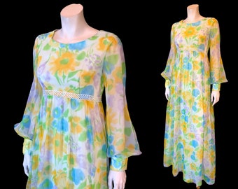 60s FLOWER POWER Pastel Watercolour Chiffon Boho Hippie Dress / Vintage 1960s Long Sleeve Romantic Sheer Sleeve Maxi Dress / Small