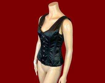 AUTHENTIC CORSET Gothic Black Satin Burlesque Goth Steampunk Bustier Lace Up Top ML / Vintage 90s Y2K