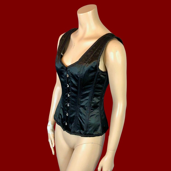 AUTHENTIC CORSET Gothic Black Satin Burlesque Goth Steampunk Bustier Lace Up Top ML / Vintage 90s Y2K