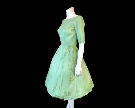 50s SAGE Green Full Skirt Crinoline Party Dress w… - image 5