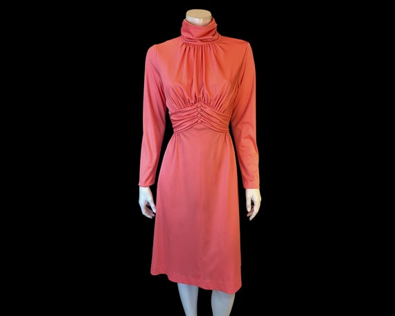 70s COWL NECK Peach Ruch Waist Dress /  Full Skir… - image 4