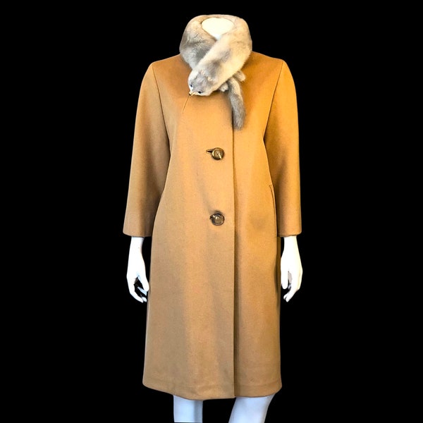 60s CAMEL Cashmere Wool TRAPEZE Swing Coat / Vintage 1960s Mod Dressy Formal Warm Winter Overcoat / Large