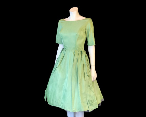 50s SAGE Green Full Skirt Crinoline Party Dress w… - image 6