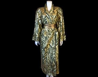 Vintage 80s ANIMAL PRINT Gold METALLIC and Army Green Raincoat / Strong Shoulder Oversized 80s Glam Coat / osfm