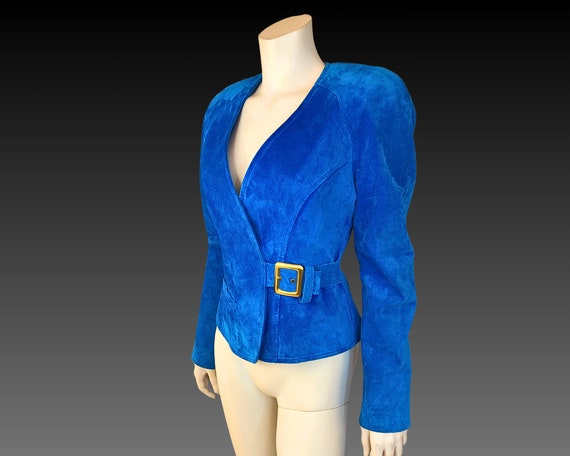 90s PEACOCK Blue SUEDE Leather Cropped Jacket wit… - image 2