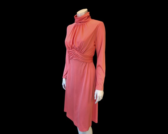 70s COWL NECK Peach Ruch Waist Dress /  Full Skir… - image 1