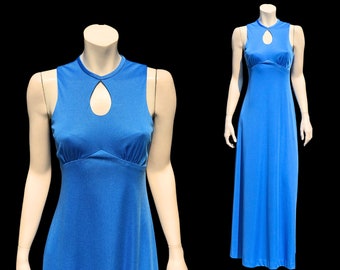 70s KEYHOLE Sleeveless CERULEAN Blue Maxi Disco Party Dress / Floor length Polyester Dress / Vintage 1970s / XS S