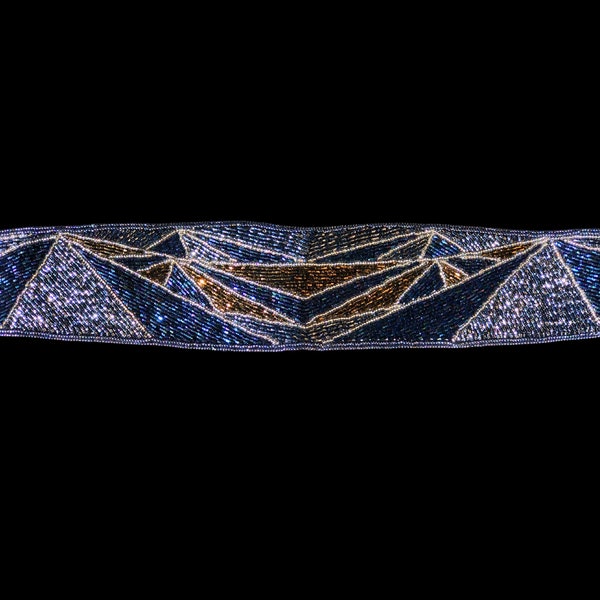 Vintage 80s DECO BEADED Geometric Glam Belt / METALLIC Blue Bronze Grey Abstract Graphic 1980s Belt / Medium
