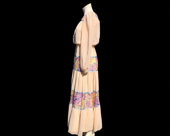 70s Peach Chiffon Peasant Maxi Dress / Yoke Bodic… - image 6