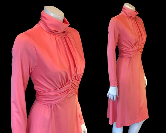 70s COWL NECK Peach Ruch Waist Dress /  Full Skir… - image 8