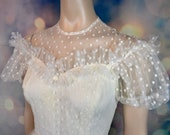 Vintage 60s 70s Polka Dot TULLE Fairy Cupcake Full Skirt Puff Sleeve Illusion Gunne Sax Prom Party Formal Ivory Ball GOWN Wedding Dress XS S