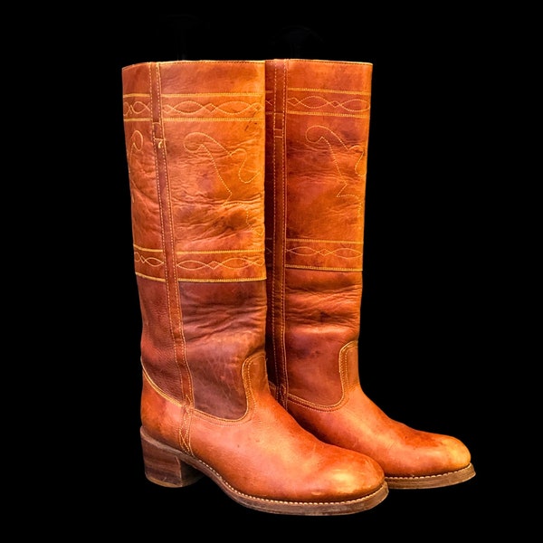 RARE Vintage 70s CAMPUS Boots / Longhorn Frye style Cognac Leather Knee High Boots / 9.5 10