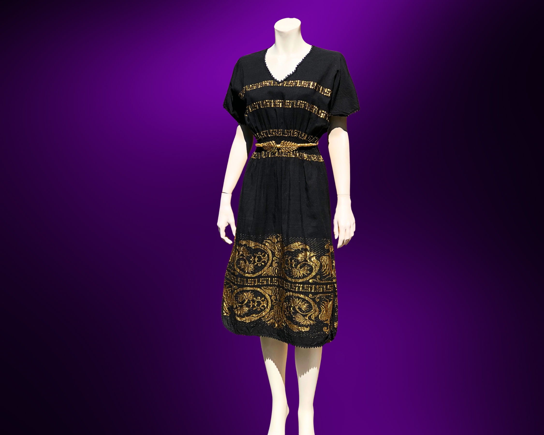 Vintage Greek Goddess Black and METALLIC GOLD Cotton Short Sleeve Dress / SM Vintage Greek Goddess Black and METALLIC GOLD Cotton Short Sleeve Dress / SM