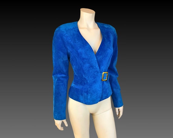 90s PEACOCK Blue SUEDE Leather Cropped Jacket wit… - image 4