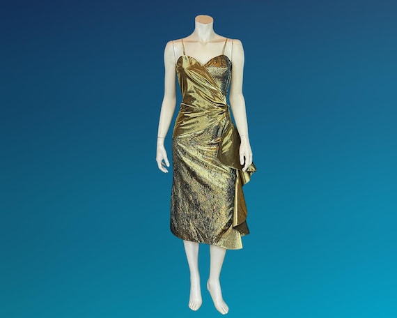 Vintage 1980s Gold Lam Cocktail Dress / Metallic Wrap Style Glam Disco Party Dress / XS S