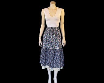 70s Calico Floral Boho Prairie Skirt / Blue Pink Sage Cotton / M