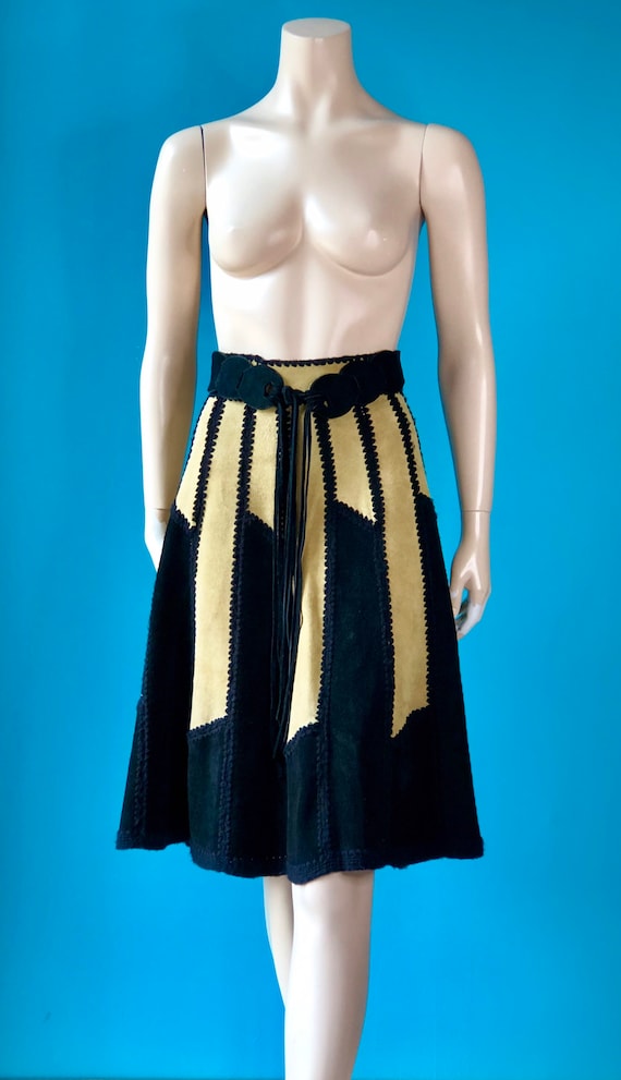 Vintage70s Boho Colorblock SUEDE Hippie Skirt