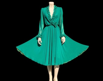 70s RUFFLED Sheer Full Sweep GREEN Victorian Style Silk Chiffon Dress /  Boho Holiday Party Dress / Full Skirt Deep V Midi Dress / S M