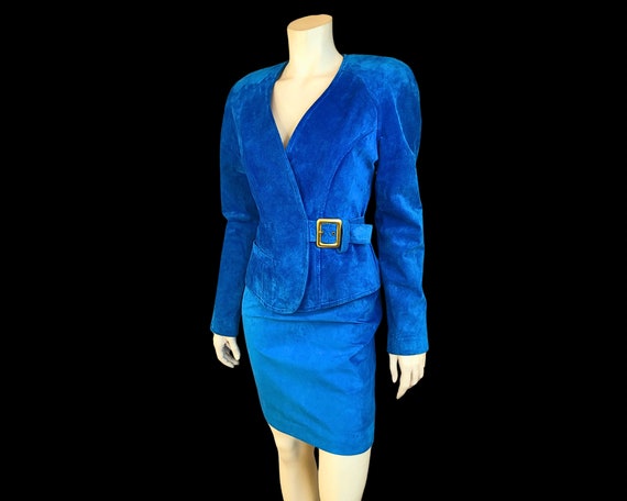 90s PEACOCK Blue SUEDE Leather Cropped Jacket wit… - image 8