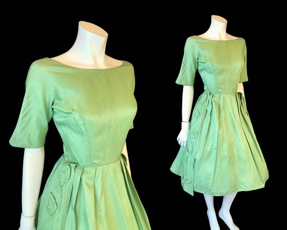 50s SAGE Green Full Skirt Crinoline Party Dress w… - image 4