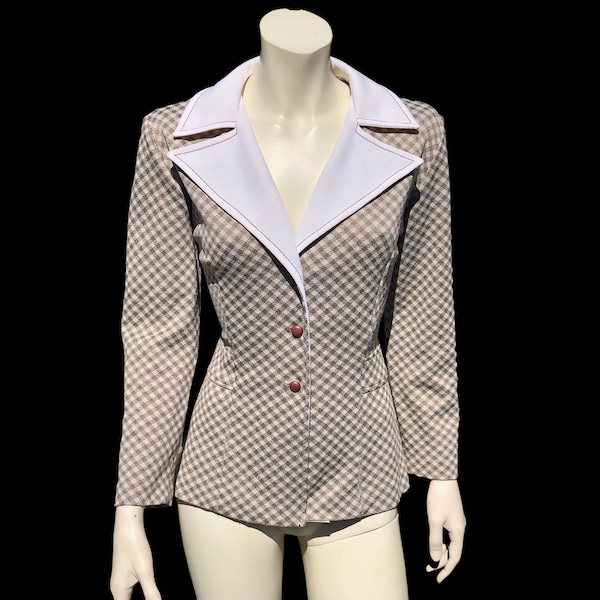 DAGGER Collar PEPLUM Polyester Check Jacket / Brown and White Fitted Stretch Twee Shirt Blazer / Groovy 60s 70s Plaid Checker Coat / Large