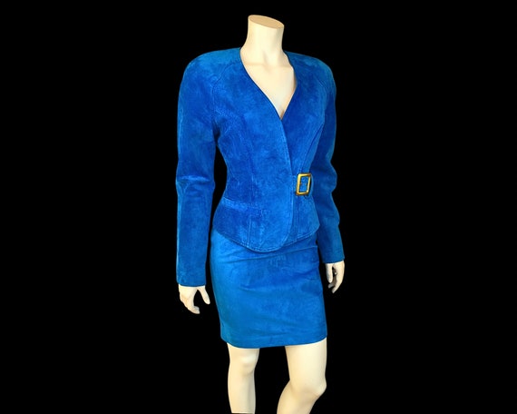 90s PEACOCK Blue SUEDE Leather Cropped Jacket wit… - image 7
