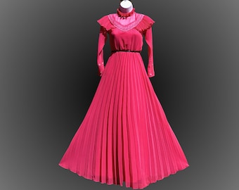 70s High Neck FUCHSIA HOT Pink Victorian Maxi Dress / Vintage Boho AccoridPleat Maxi Dress / Lace and Chiffon Formal Party Dress / xs xxs