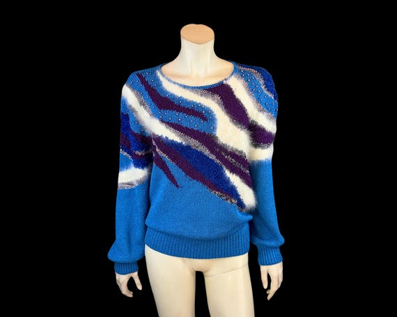 80s Angora Mixed Texture Oversized Abstract Sweater Cerulean