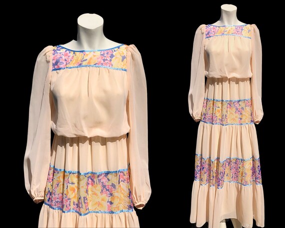 70s Peach Chiffon Peasant Maxi Dress / Yoke Bodic… - image 7