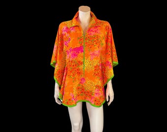 60s 70s Psychedelic Neon Orange Mod Kaftan Tunic | Retro Resort wear | S M