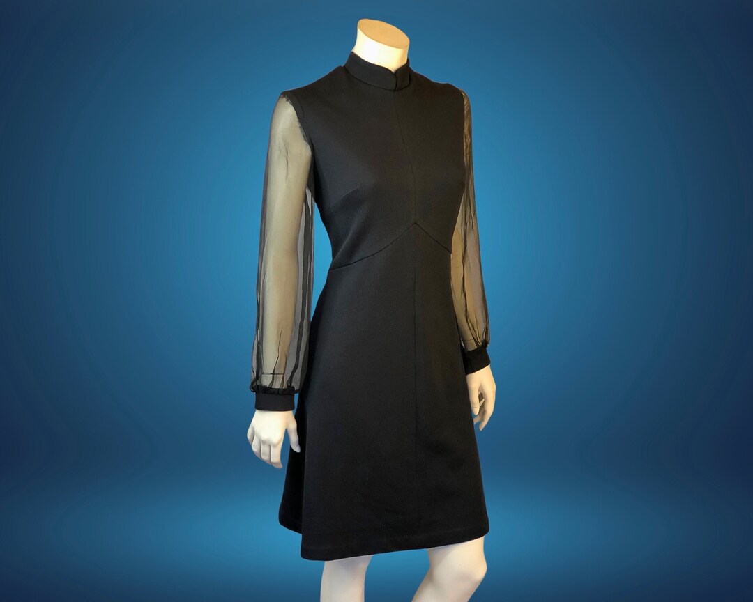 vintage 1960s mini dress MOD black velvet dress sheer sleeves Swiss dot XS