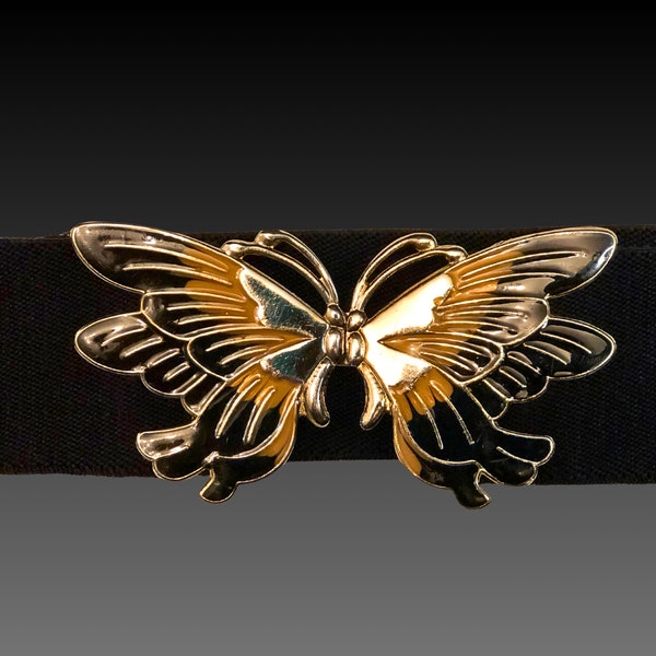 Vintage 80s BUTTERFLY Black and Gold Enamel Stretch Belt / 1980s Adjustable Elastic Hourglass Cinch Belt / small medium large