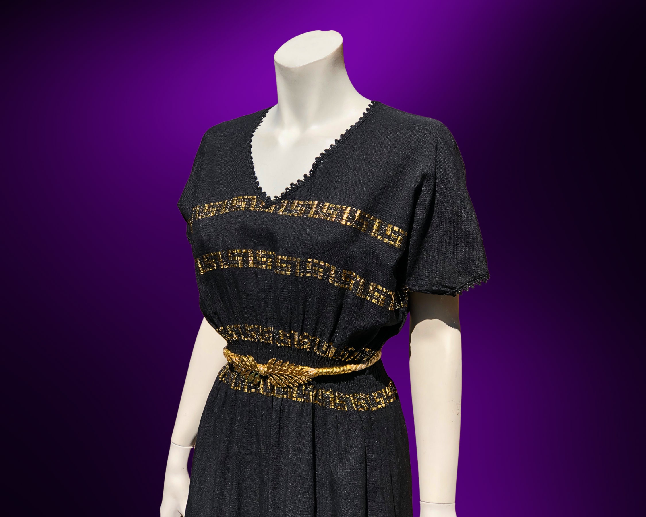 black and gold grecian dress ELEGANT Black LONG DRESS WITH PAINTED FEATHER NECKLINE BY T.BA main image 1