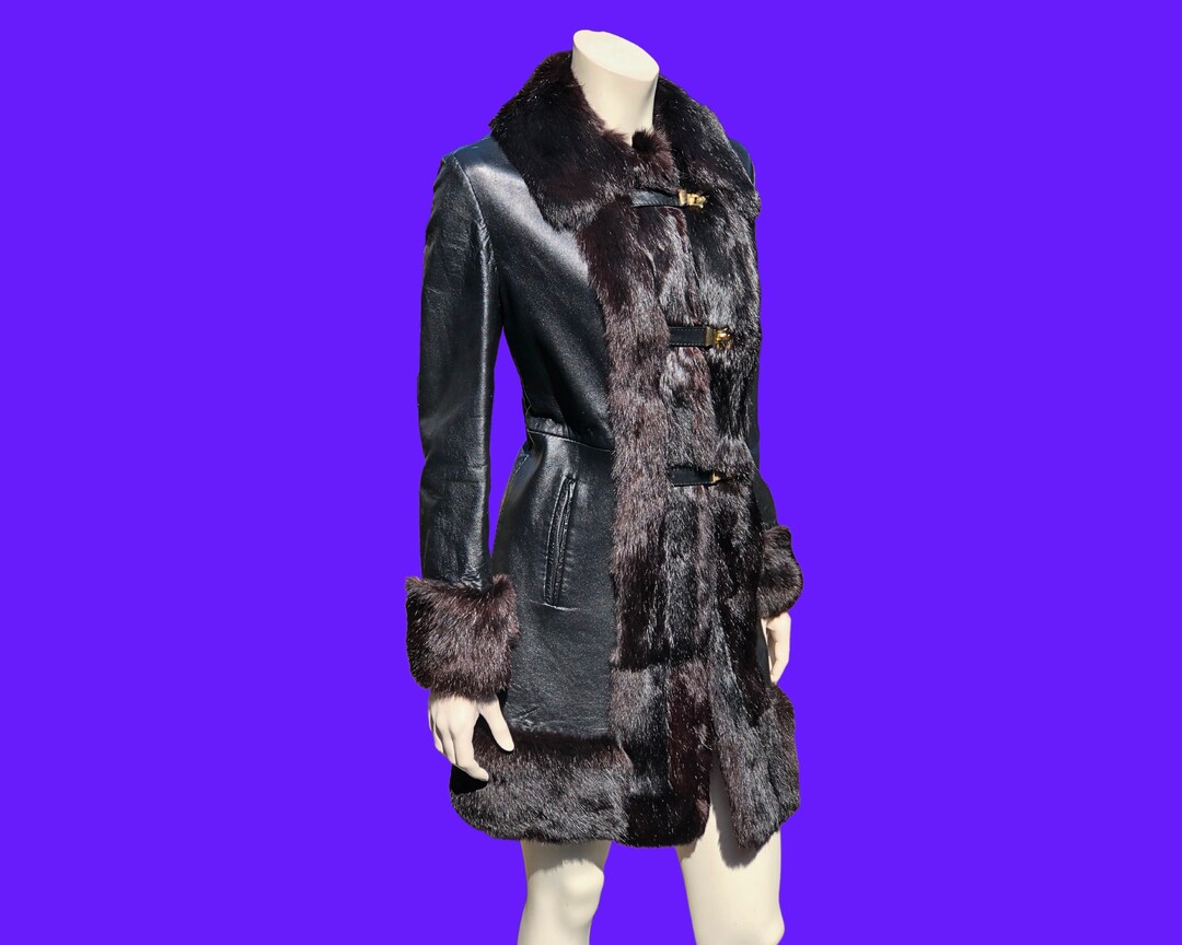 Black Leather and Fur Penny Lane Coat / Mod 60s 70s Peacoat - Etsy
