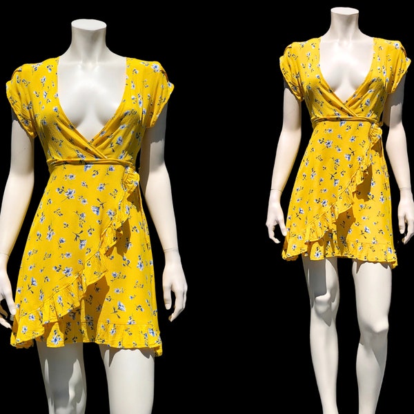 90s BABYDOLL DEEP V Mini Skater Dress / Yellow and Blue faux Wrap Ruffled Mini Dress / Vintage 1990s Rayon Dress