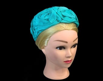 Vintage ROBINS EGG Blue Rosette Pillbox Formal Hat