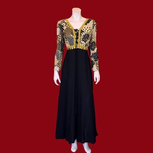 black and gold geometric dress 70s Abstract Maxi Party With COIN FRINGE / M L web