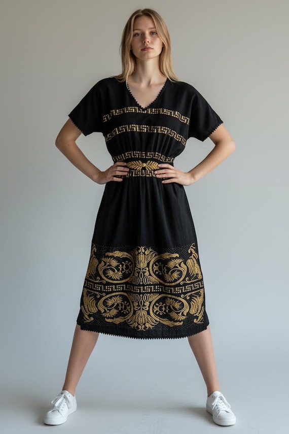Vintage Greek Goddess Black and METALLIC GOLD Cotton Short Sleeve Dress / SM
