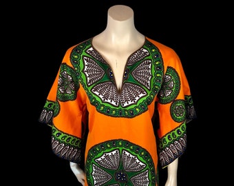 ORANGE SATIN AnGEL Sleeve Ethnic DASHIKI Kaftan Maxi Dress /  Vintage 70s Boho Hippie Hendrix Joplin Chic