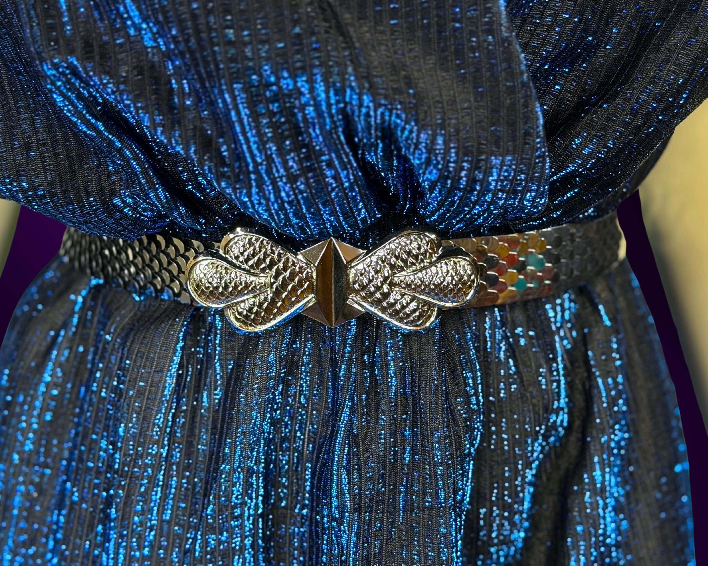 Vintage Silver Fish Scale Concho Starfish Etched Elastic Belt Vintage 70s Silver Tone Stretch Belt, Silver Metal Fish  main image 4