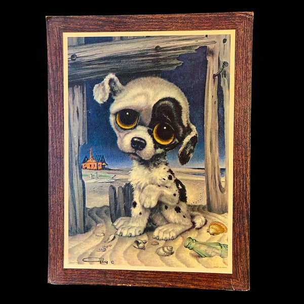 60s Vintage BIG EYE Lost Puppy Print by Gig Keane / 1960s Mid Century Lithograph Wall Art / Margaret Keane Era